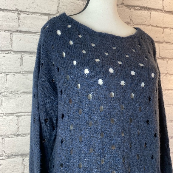 Maurice’s Womens Navy Blue Crochet Sweater Open Polka Dot Knot High Low Medium - Picture 3 of 12